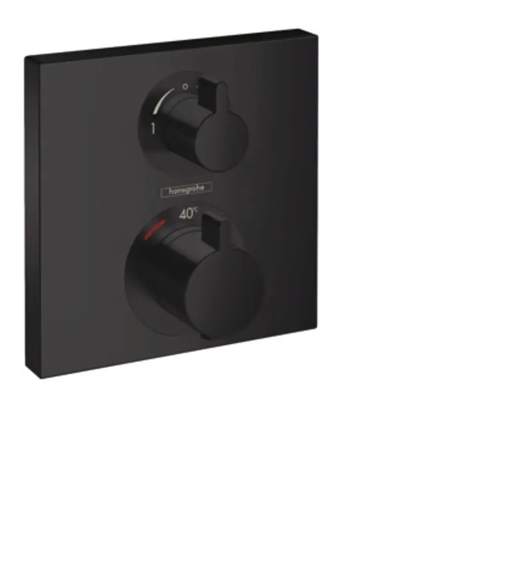 Thermostat in mattschwarz von Hansgrohe mit zwei Drehknöpfen für Temperatur- und Verbrauchereinstellungen auf quadratischem Wandpaneel.